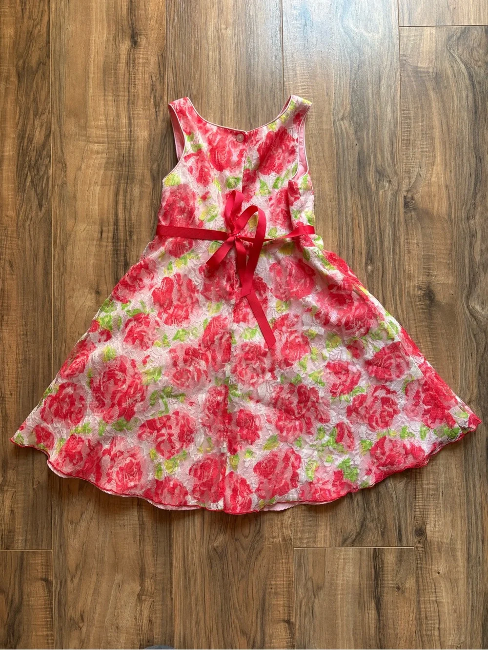 Youngland pink floral dress with red tie, rose and tulle layered skirt Kids 6y